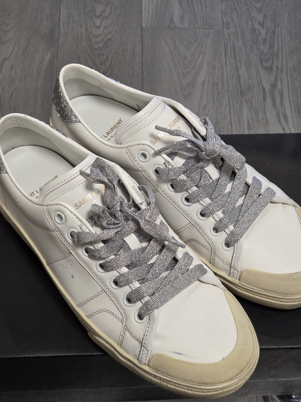 Saint Laurent White Leather Low-Top Sneakers with Silver Accents